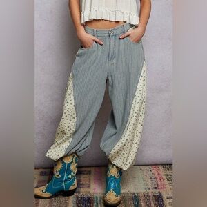 POL Women's Two-Tone Light Blue and Cream Patchwork Harem Pants